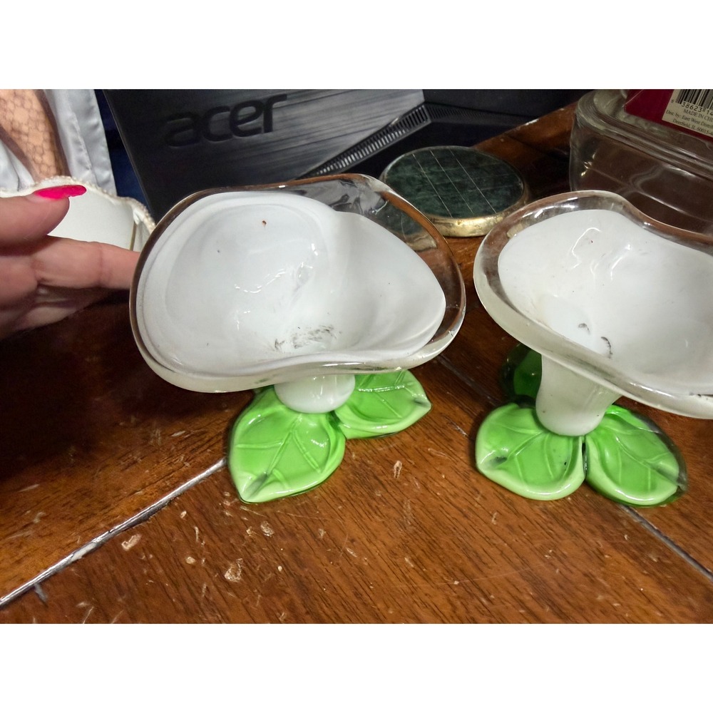 Vintage Art Glass Calla Lily Candle Holders White Green Leaf Base Set of 2 4in